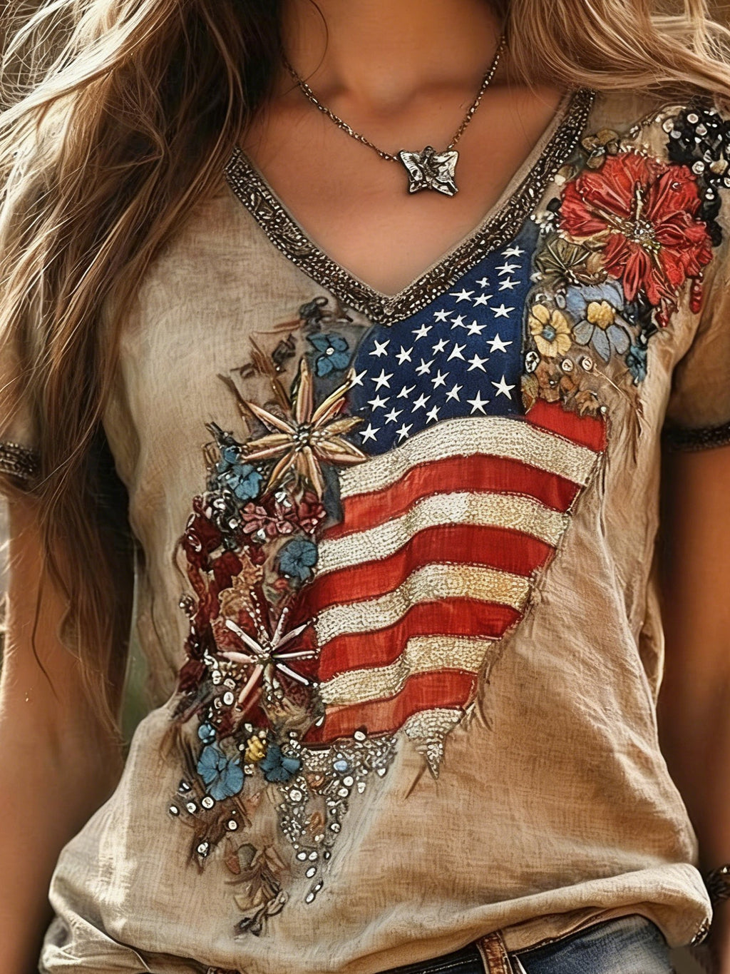 250th Anniversary V Neck America Flag Roes Summer Linen Look Vintage Casual T-Shirt