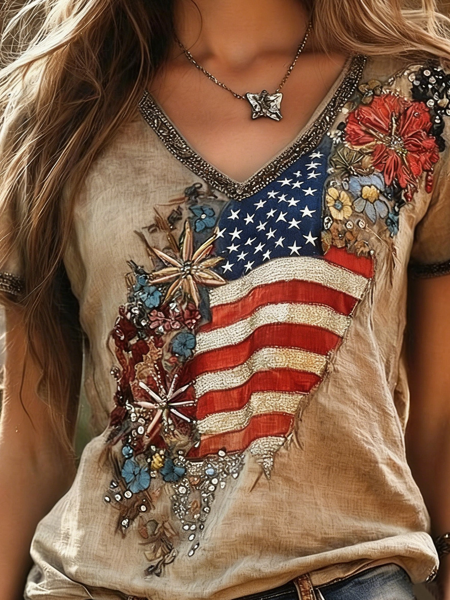 250th Anniversary V Neck America Flag Roes Summer Linen Look Vintage Casual T-Shirt