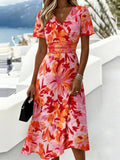 Abstract Floral Printed V Neck Short Sleeve Summer Casual Maxi Dress
