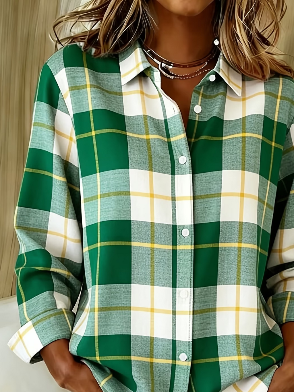 Women's Long Sleeve Shirt Spring/Fall Green Plaid Buckle Shirt Collar Regular Sleeve Daily Going Out Casual Top