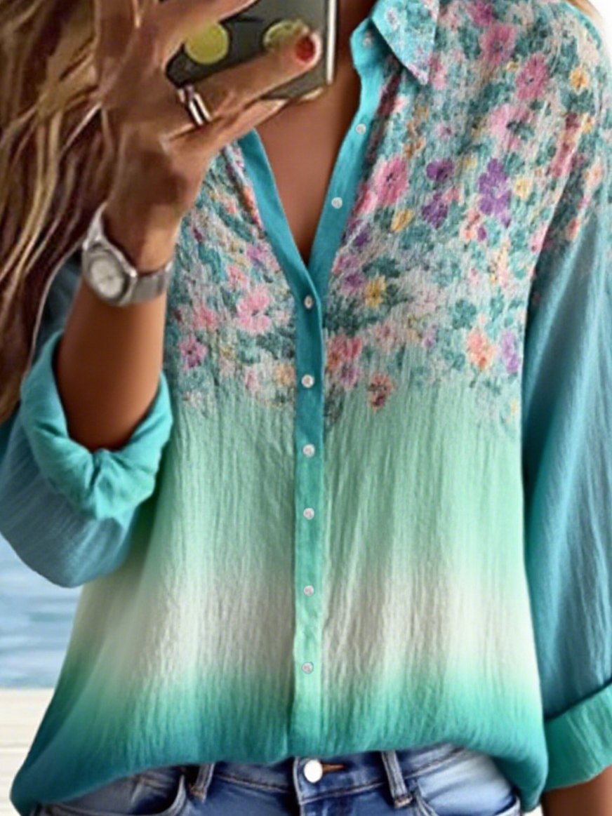 Women's Floral Gradient Pattern Shirt Elegant Long Sleeve Spring and Autumn Tops