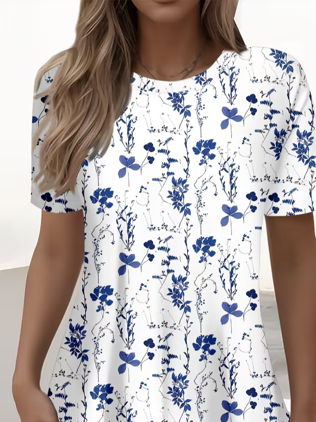 Women's Short Sleeve T-shirt Summer White Floral Printing Jersey Crew Neck Daily Going Out Casual Top
