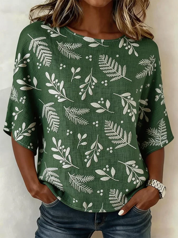 Women's Half Sleeve Blouse Summer Green Floral Printing Crew Neck Daily Going Out Vintage Top