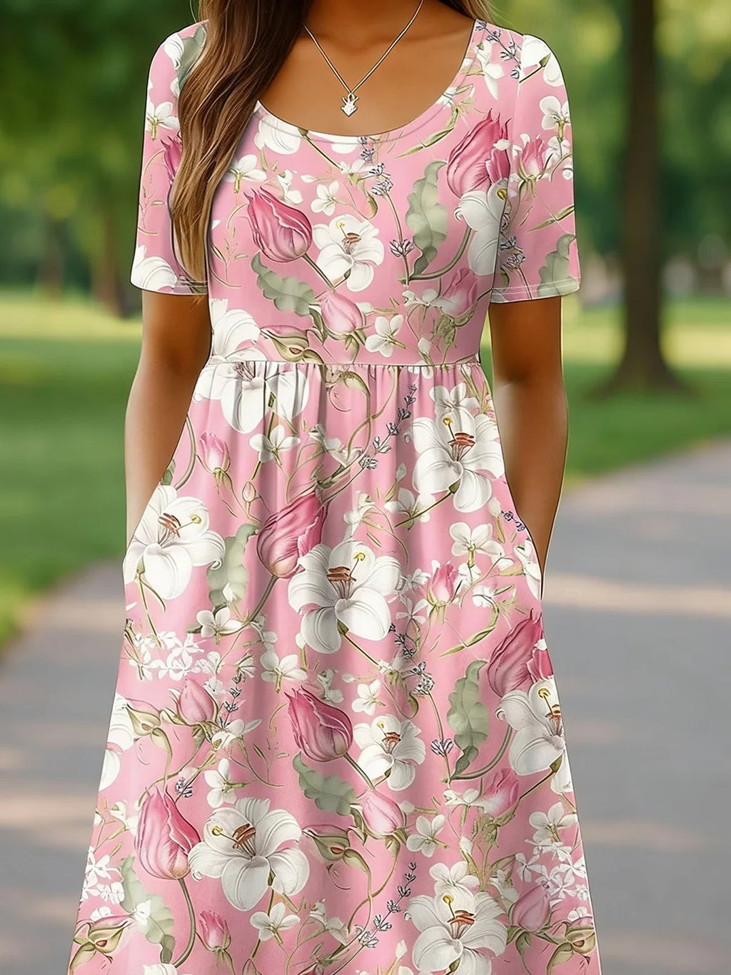 Women's Short Sleeve Summer Pink Floral Printing Crew Neck Daily Going Out Casual Maxi H-Line Shift Dress Dress