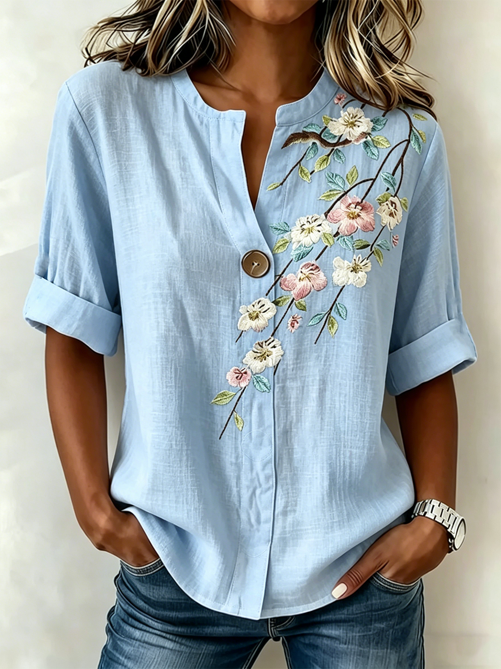 Floral Linen Blend Elegant Loose Shirt