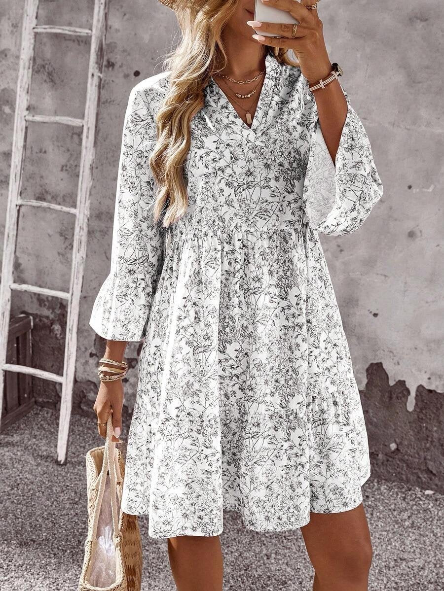 Elegant Floral V Neck 3/4 Sleeve Ruffle Tiered Mini Dress Casual Summer Flowy dress