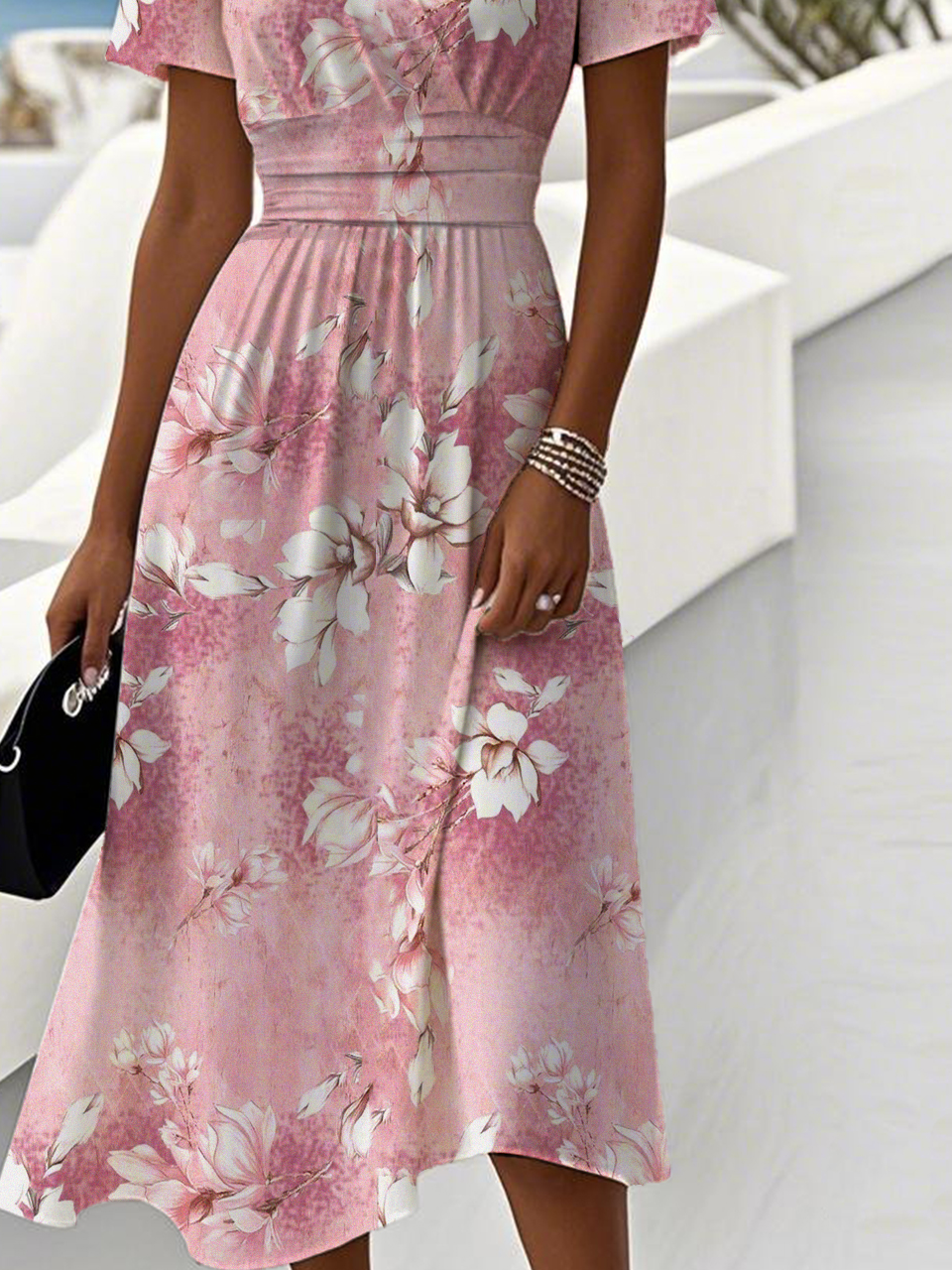 Women’s Pink Magnolia Floral Print Wrap V Neck Midi Dress Boho Summer Dress