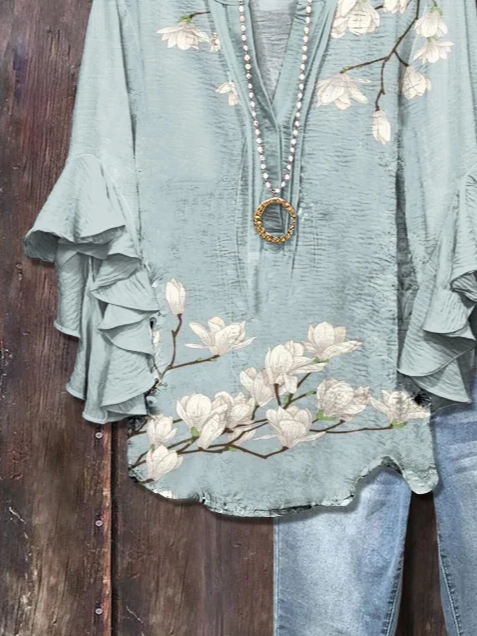 Women's Half Sleeve Shirt Summer Blue Floral Printing V Neck Daily Going Out Casual Top