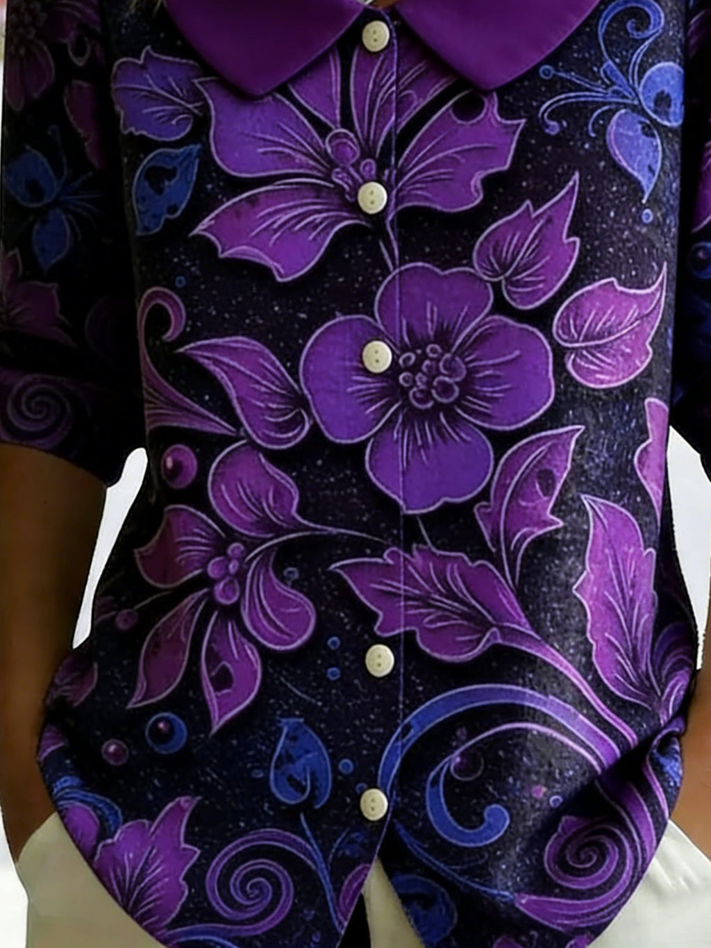 3D Printing Linen Blend Purple Floral Shawl Collar Button Loose Casual Shirt