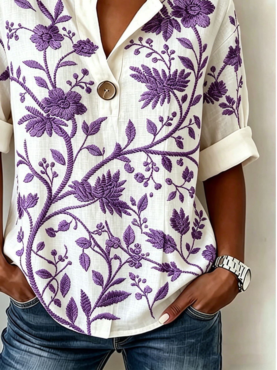 V Neck Linen Blend Simple Loose Shirt