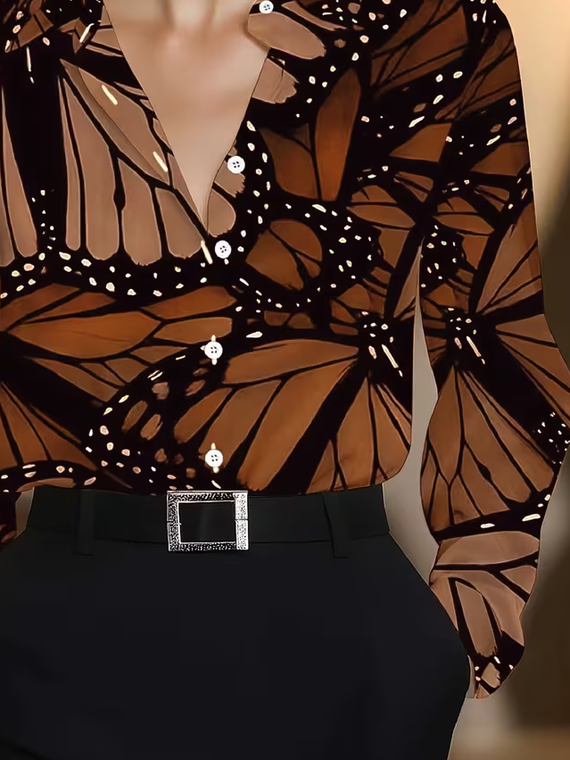 Women's Long Sleeve Shirt Spring/Fall Brown Butterfly Shawl Collar Daily Going Out Casual Top