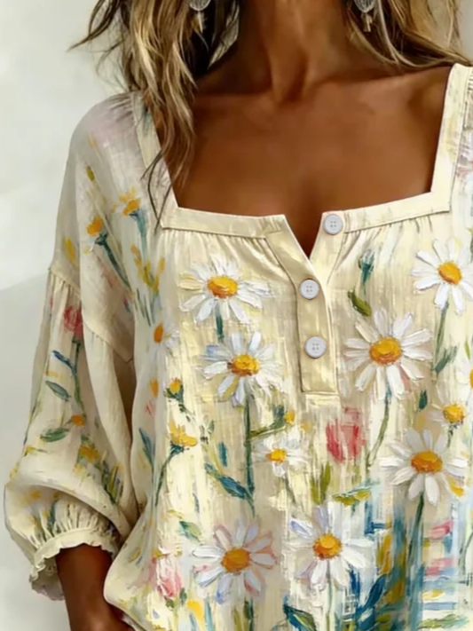 Women's Three Quarter Sleeve Blouse Spring/Fall Beige Floral Printing Square Neck Daily Going Out Vintage Top