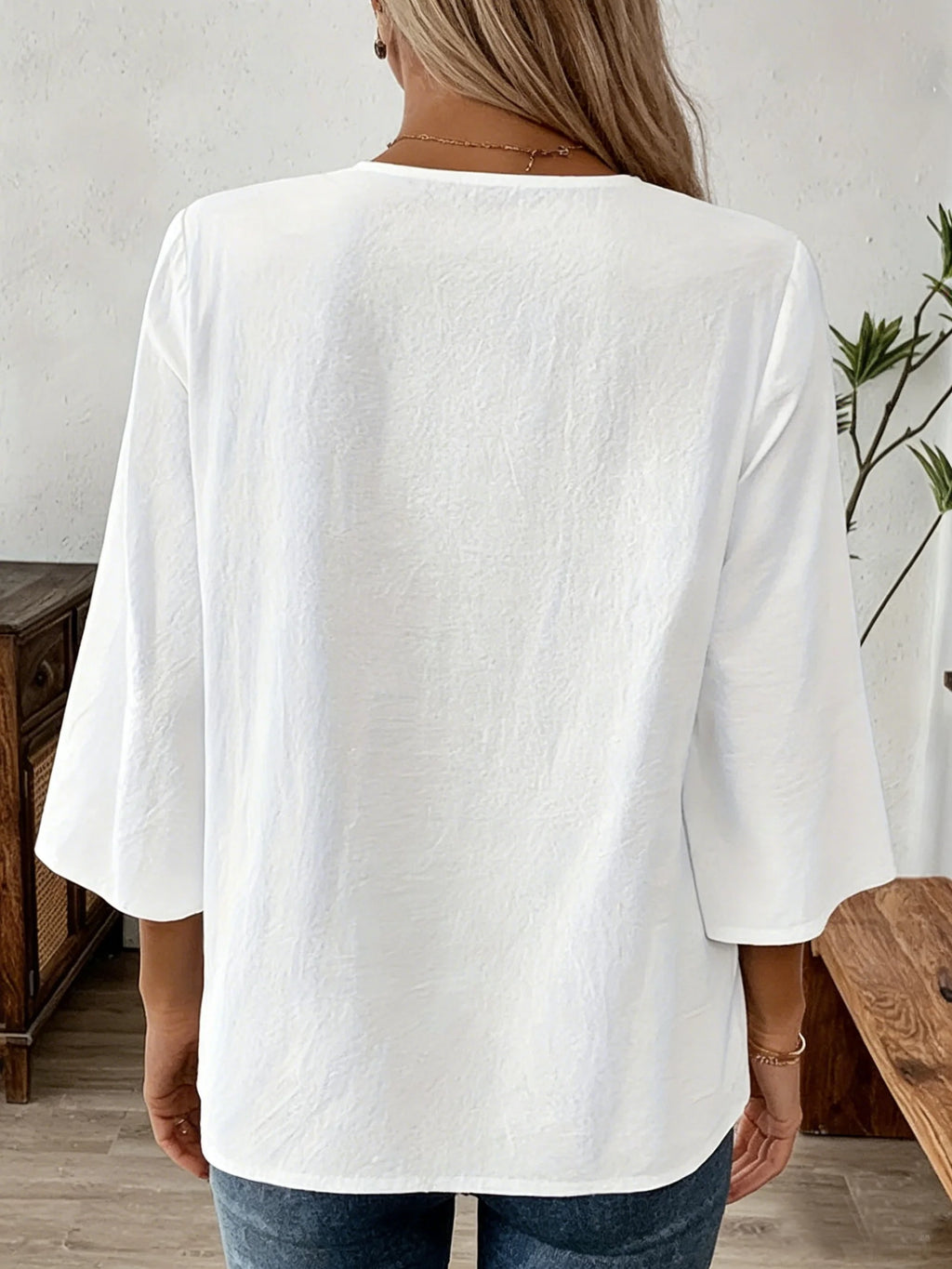 Loose Plain Lace Trim V Neck Casual Elegant Blouse
