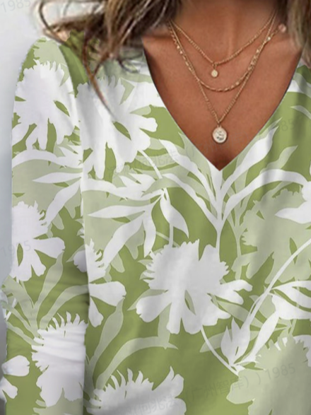 Women's Floral Spring Print Casual V-Neck Long Sleeve T-Shirt
