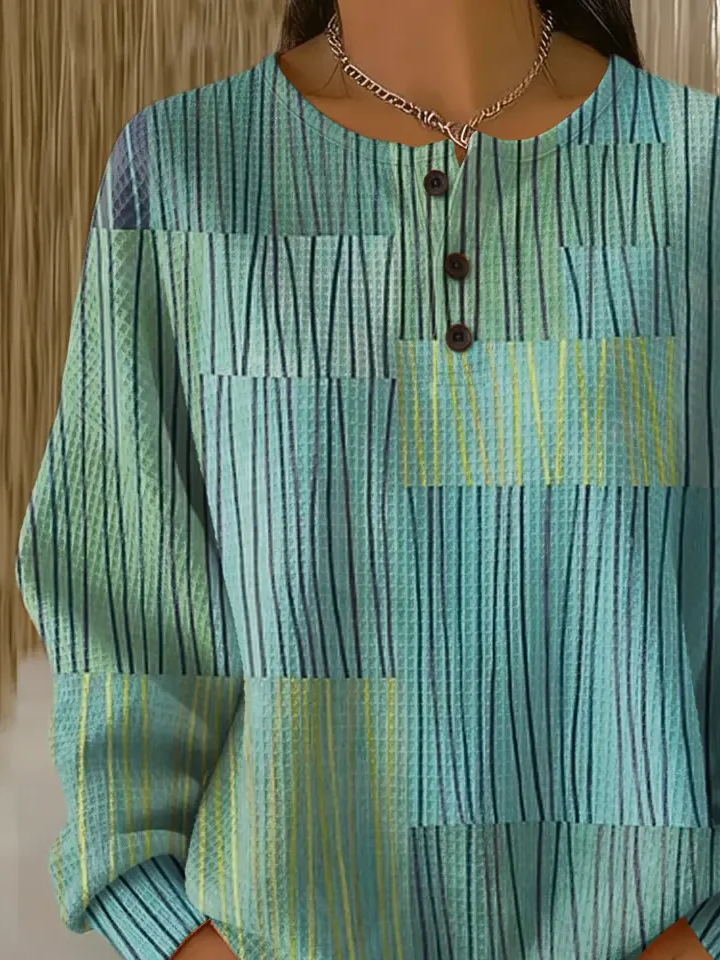 Women's Abstract Print Button-Up Casual Waffle Knit Sweatshirt