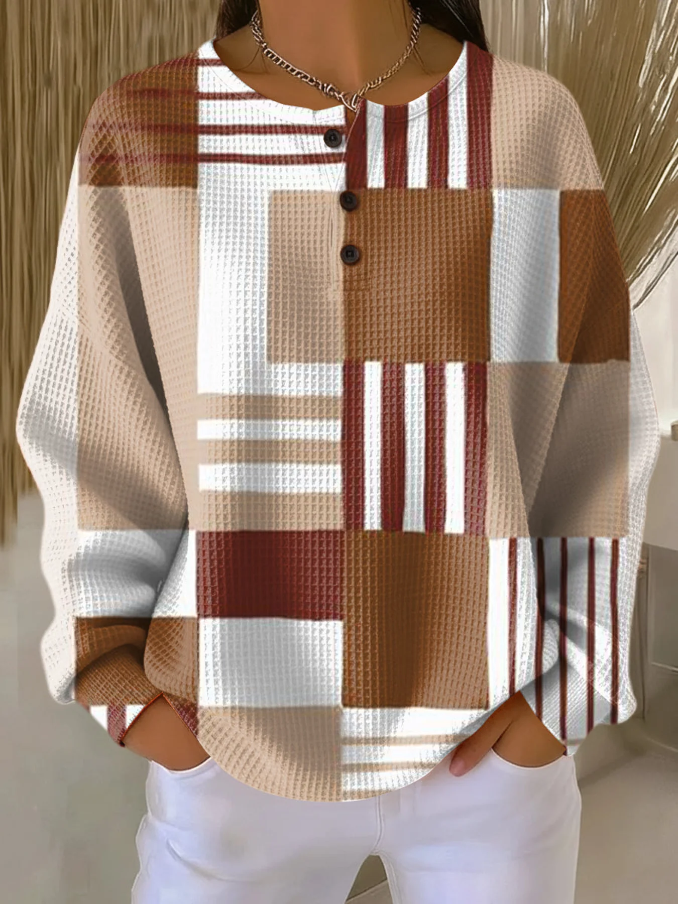 Women's Abstract Print Button-Up Casual Waffle Knit Sweatshirt