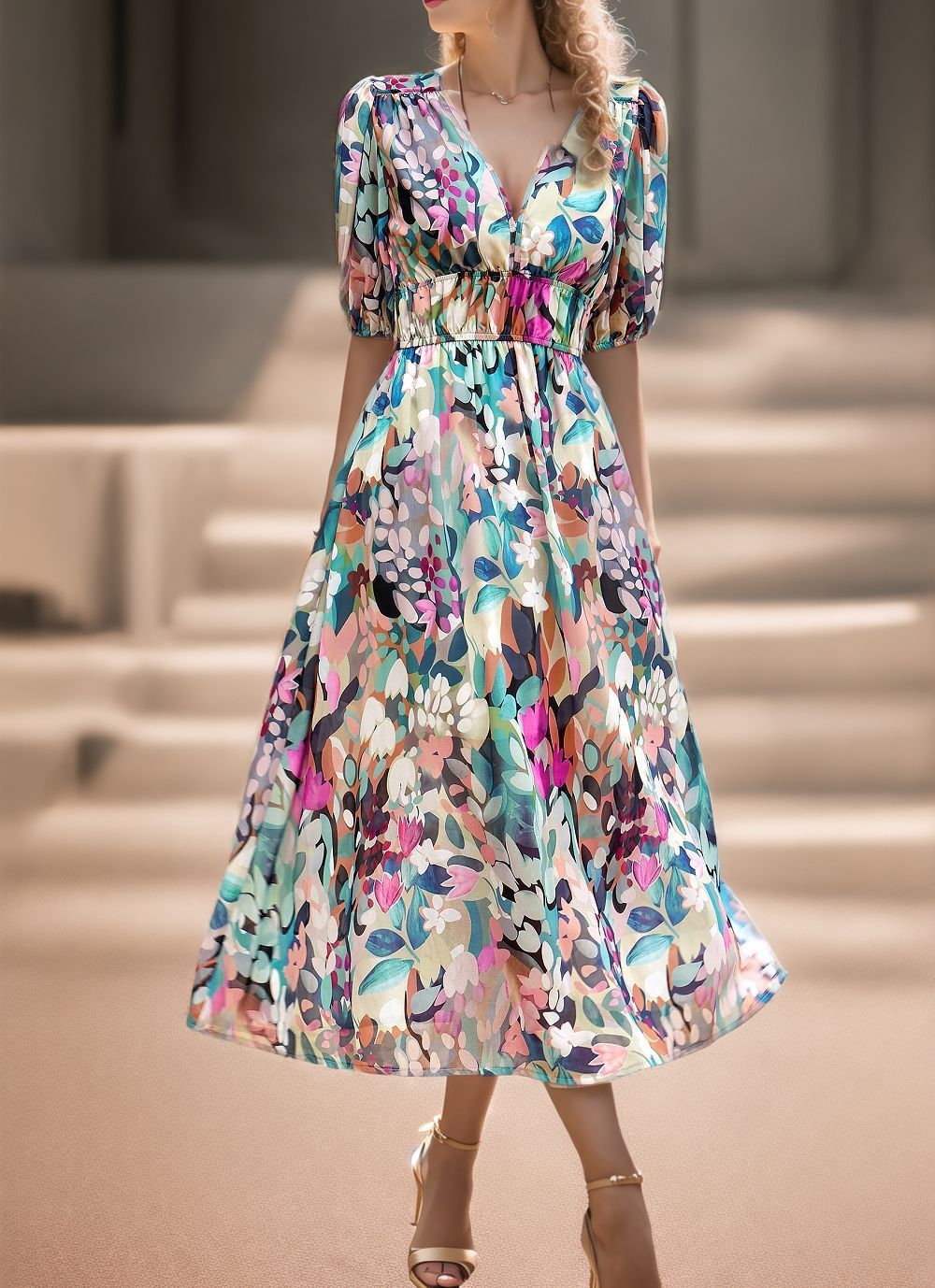 Puff Sleeve V Neck Floral Elegant Dress With No
