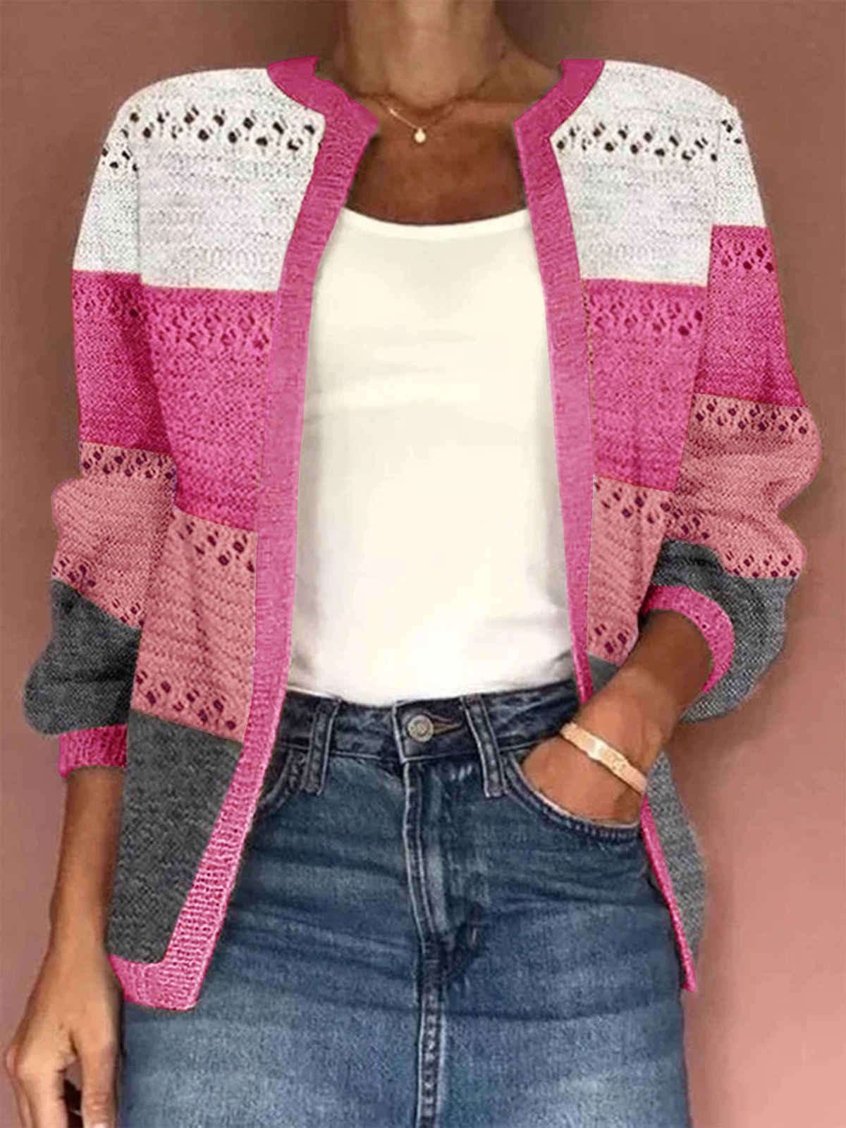 Jacquard Wrap Casual Striped H-Line Long Sleeve Cardigan