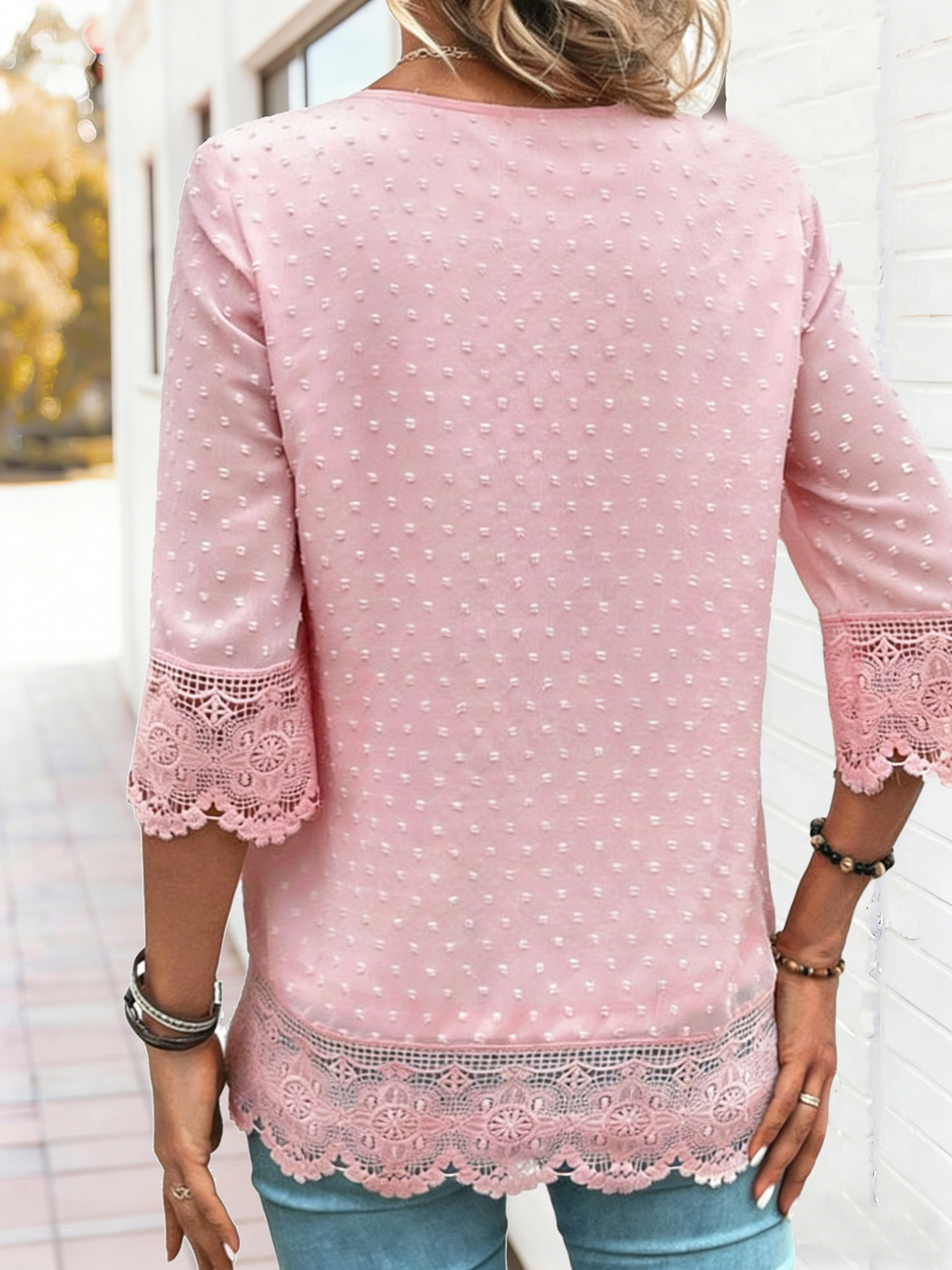 Loose Elegant Lace Block Chiffon V Neck Blouse