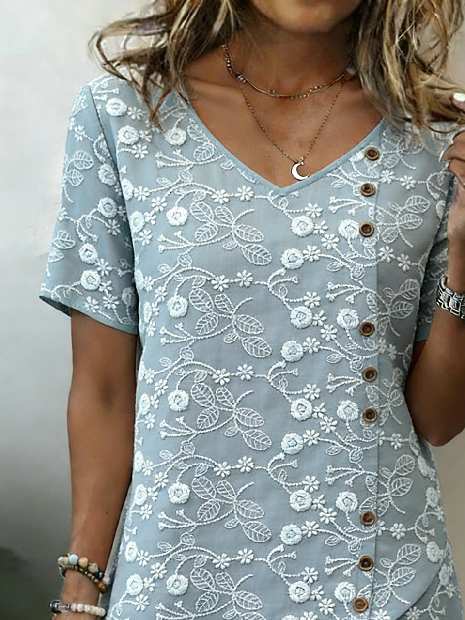 Cotton-Blend Elegant V Neck Shirt