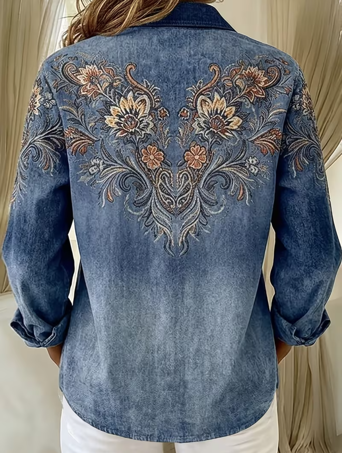 Shirt Collar Casual Faux Denim Print Graphic Loose Shirt