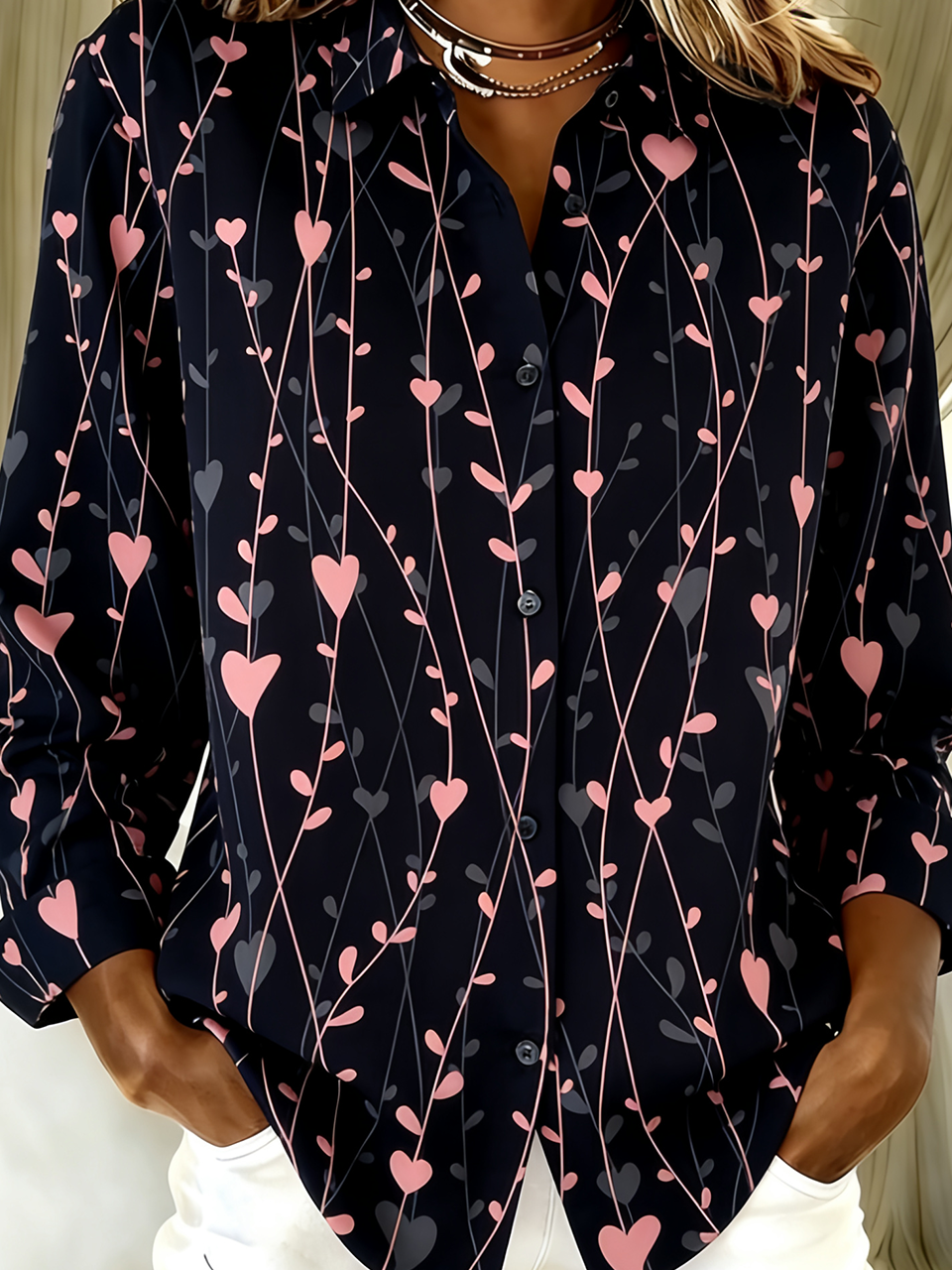 Shirt Collar Vintage Loose Heart/Cordate Shirt