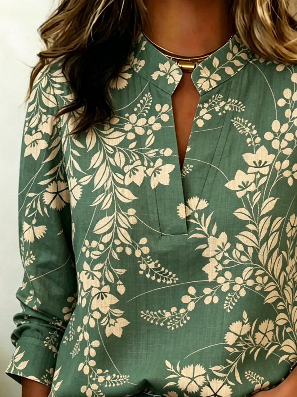 Simple Botanical Pattern V Neck Blouse