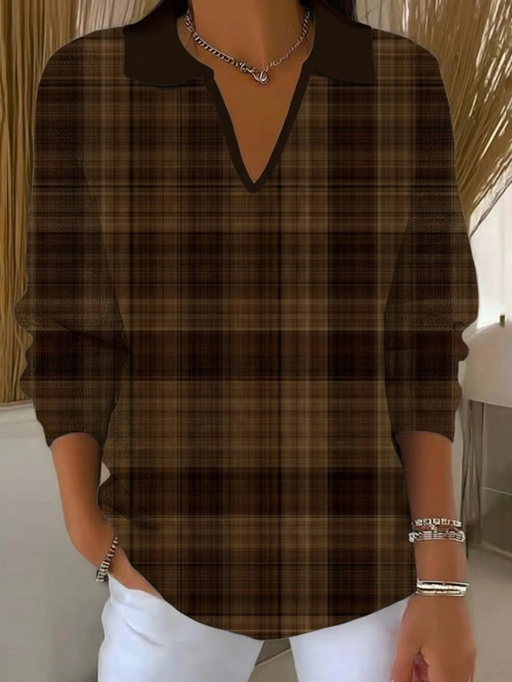 Women's Plaid Print Casual Collared Sweater