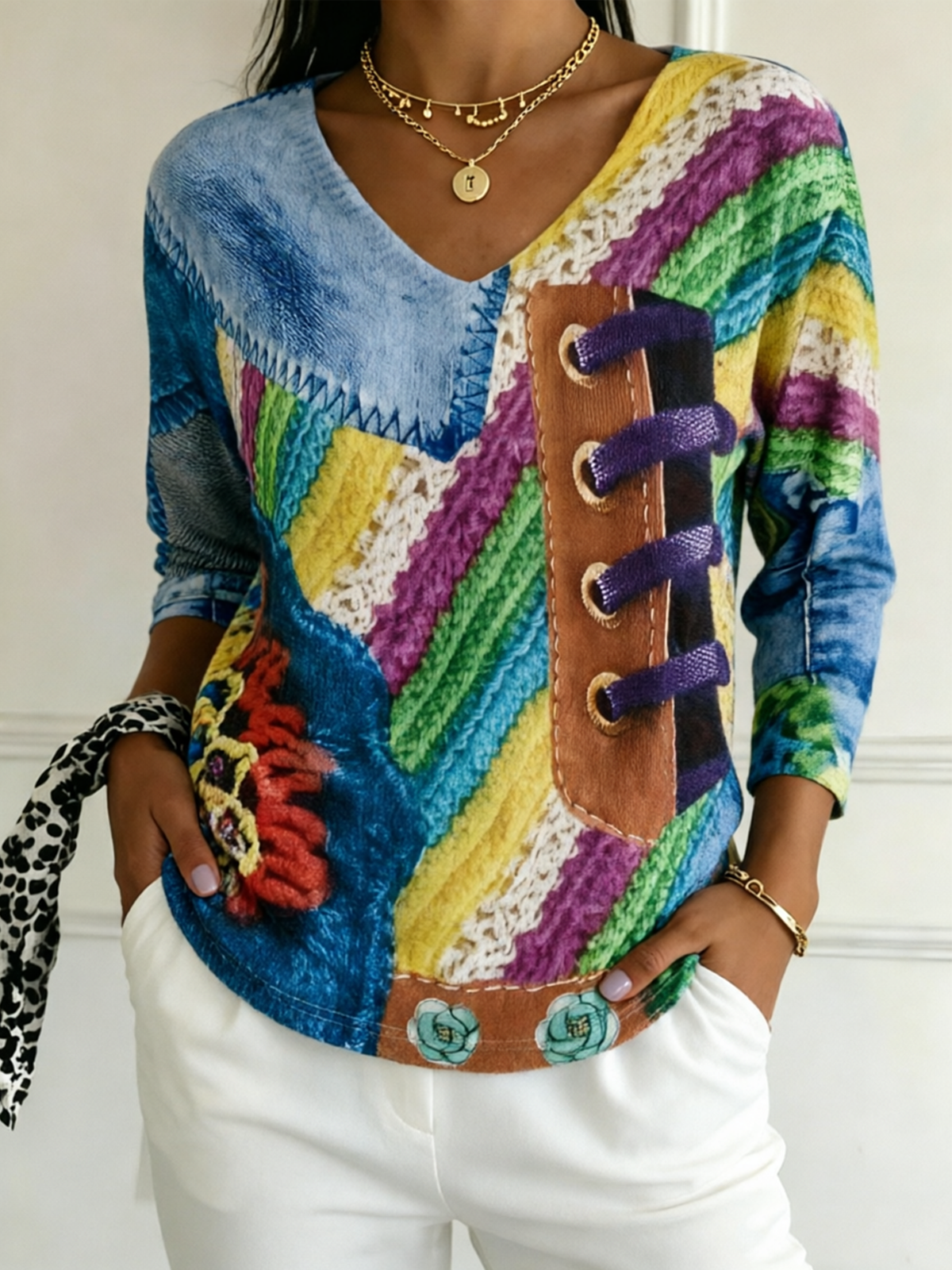 Women's V-Neck 3/4-Sleeve Vintage Print T-Shirt