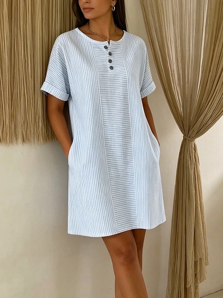 Casual Striped Henley Dress with Pockets