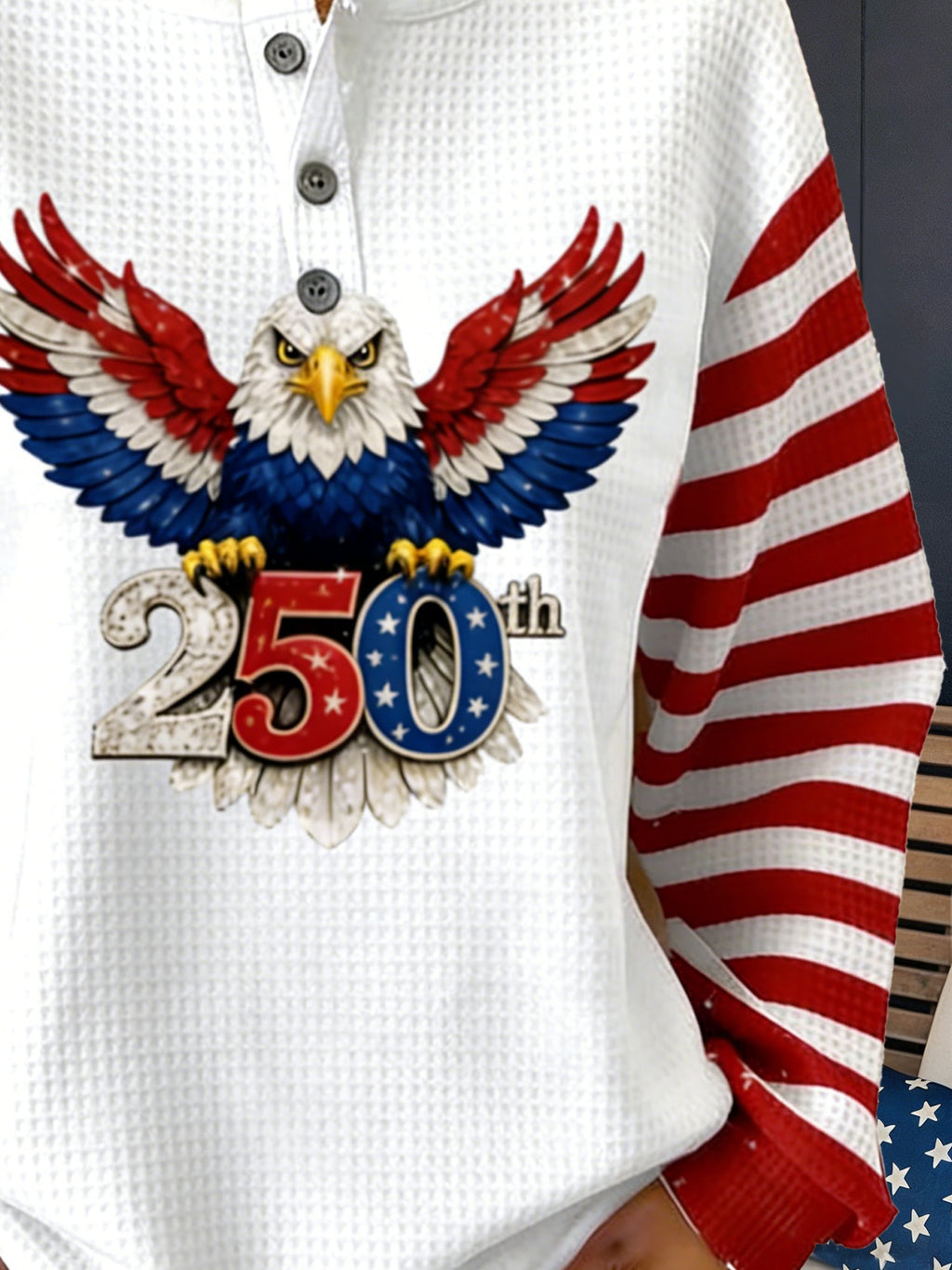 3D Printing Waffle America Flag Round Neck Button Casual Hoodie