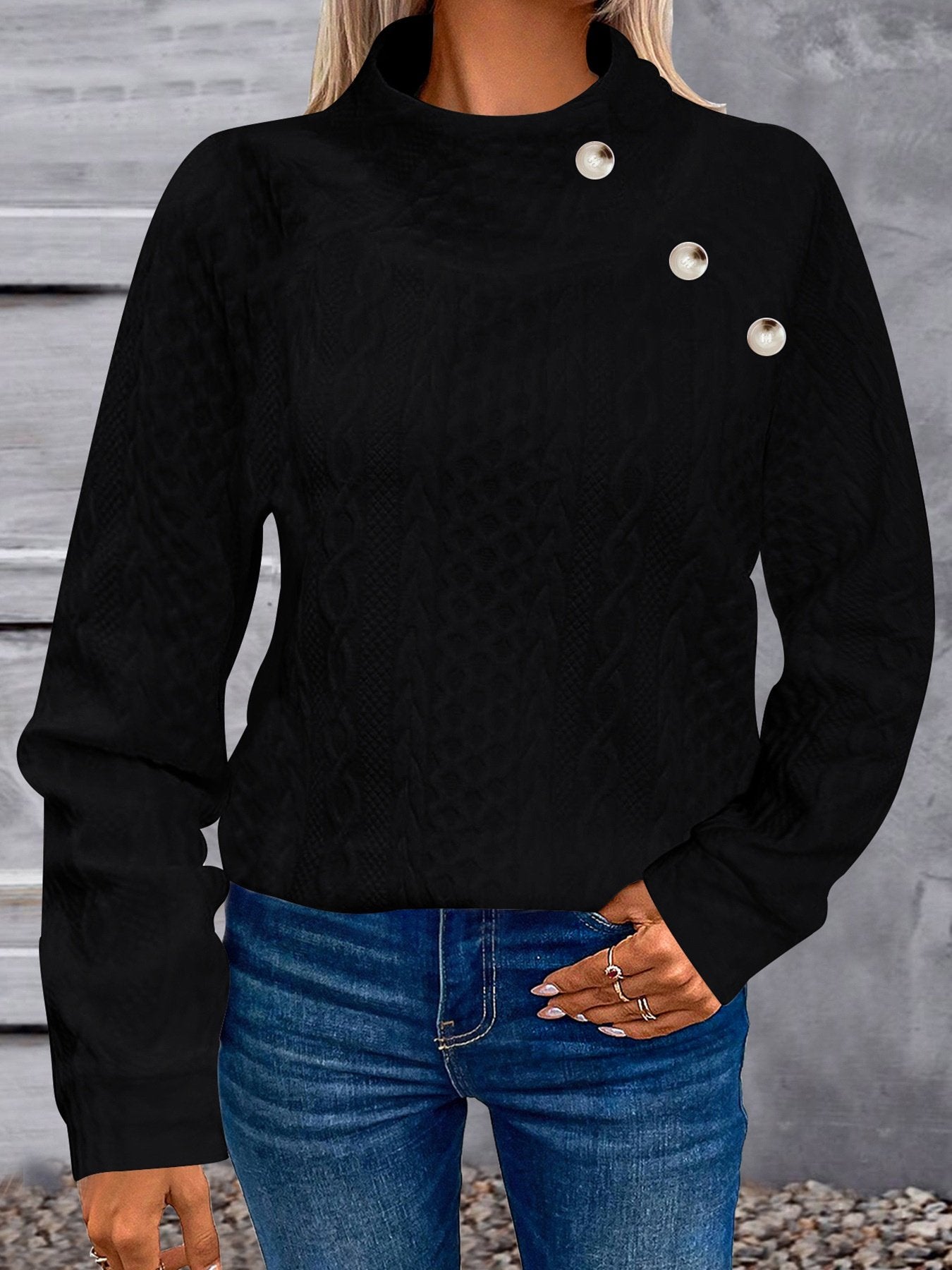 Plain Girly Loose Turtleneck Simple Solid Color Three-dimensional Jacquard High Collar Button Casual Fashion Sports Sweatshirt