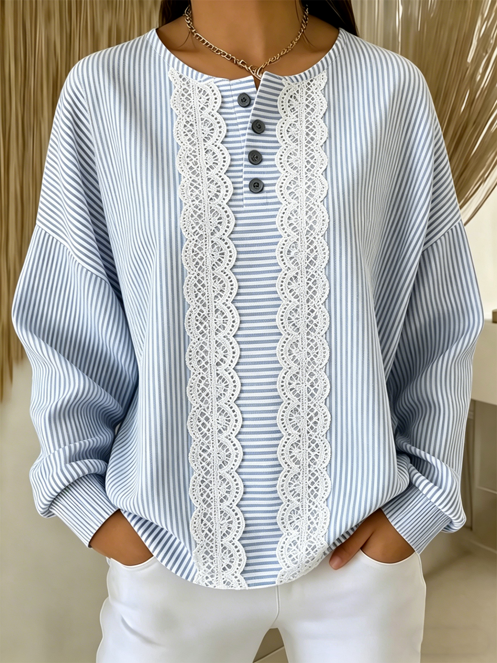 Women's Lightweight Striped Lace Print Henley Long Sleeve Sweatshirt