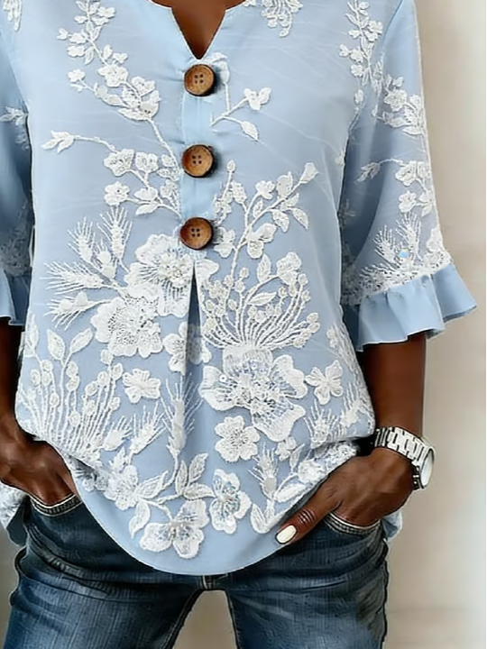Women's Half Sleeve Blouse Summer Blue Floral Printing V Neck Daily Going Out Vintage Top