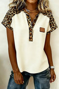 Leopard Color Block Denim Shawl Collar Color Block Loose Going Out Casual Shirt