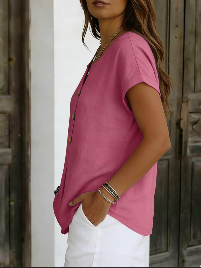Cotton And Linen Plain Elegant Loose V Neck Short Sleeve Button Casual Shirt