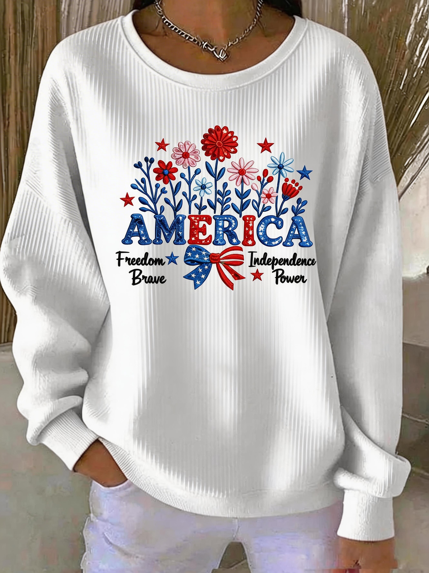 Patriotic Floral 'AMERICA' Ribbed Sweatshirt