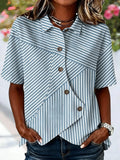 Striped Shawl Collar Short Sleeve Asymmetry Placket Design Button Summer Going Out Casual Shirt