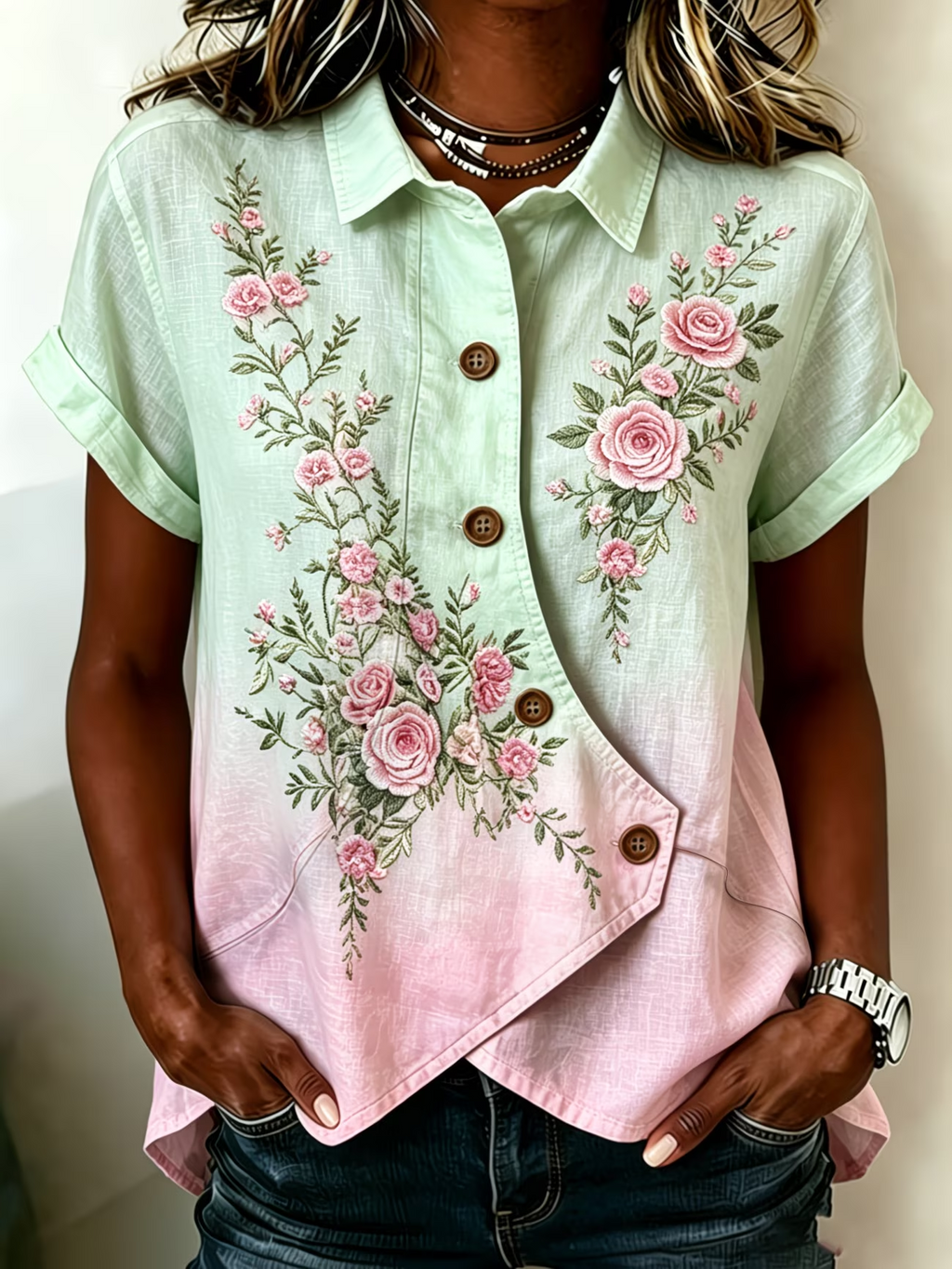 Women's Short Sleeve Shirt Summer Green Floral Printing Shawl Collar Daily Going Out Vintage Top