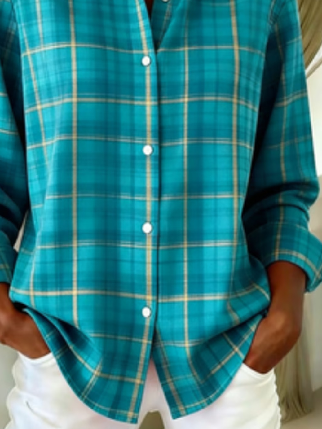 Women's Long Sleeve Shirt Spring/Fall Cyan Plaid Buckle Shirt Collar Regular Sleeve Daily Going Out Casual Top