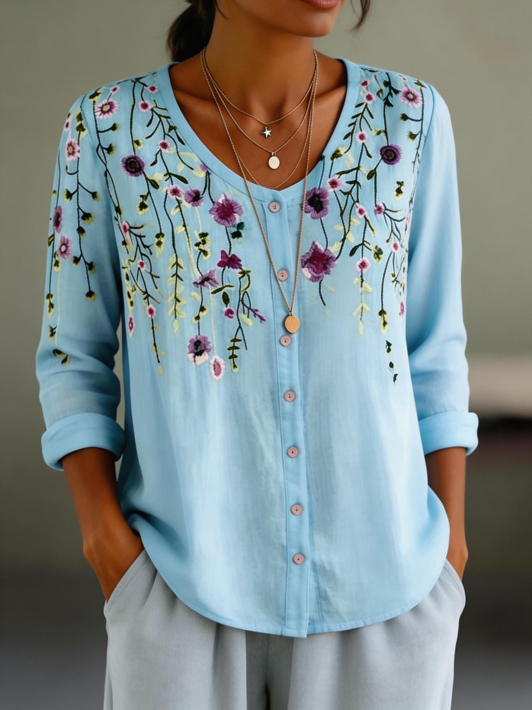 Women’s 3D Floral Print Button-Up Long Sleeve blouse