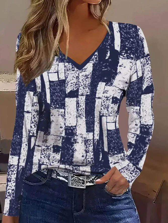Abstract printed casual V-neck T-shirt