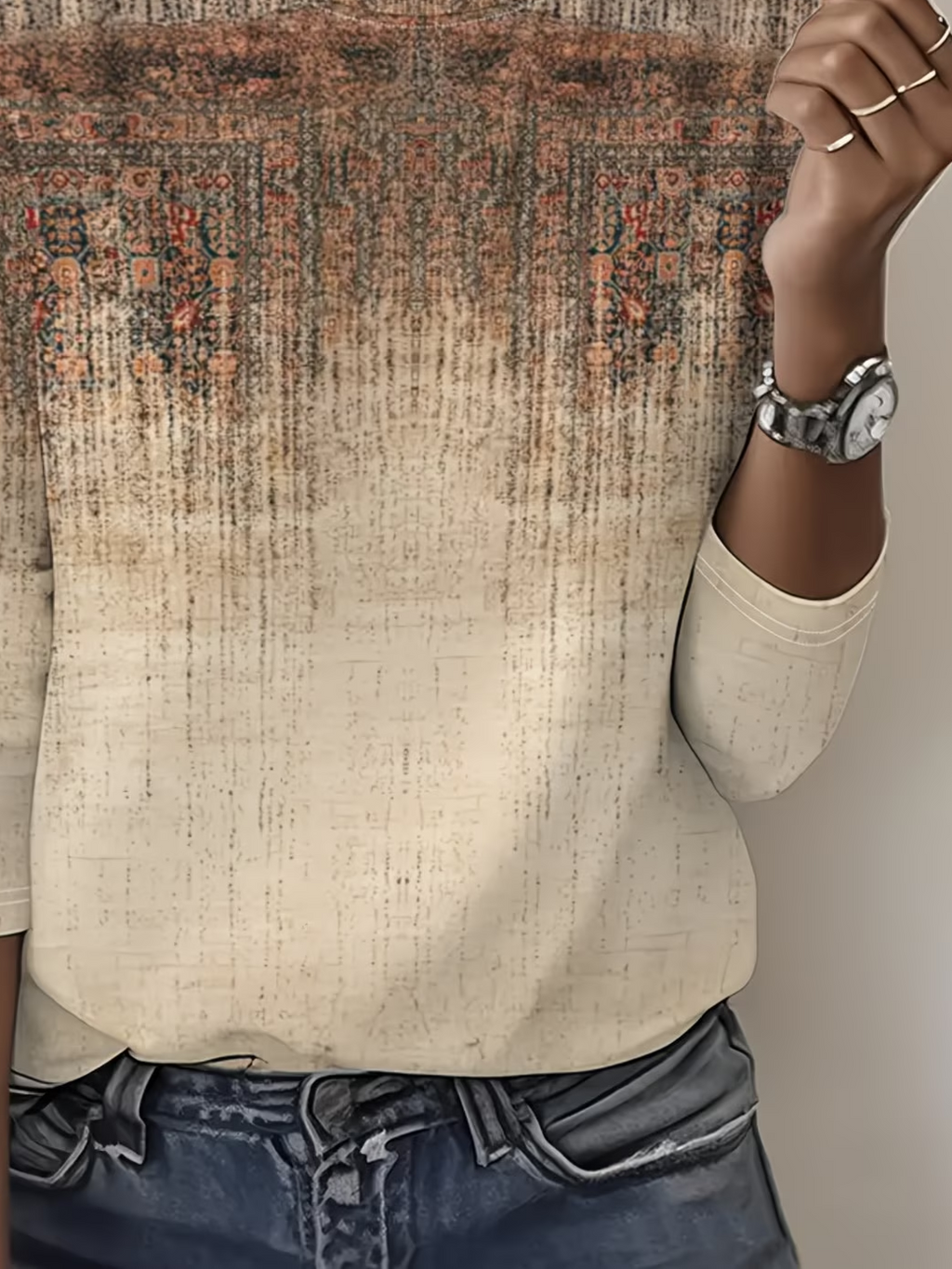 Women's Long Sleeve T-shirt Spring/Fall Khaki Abstract Printing Jersey Crew Neck Daily Going Out Casual Top