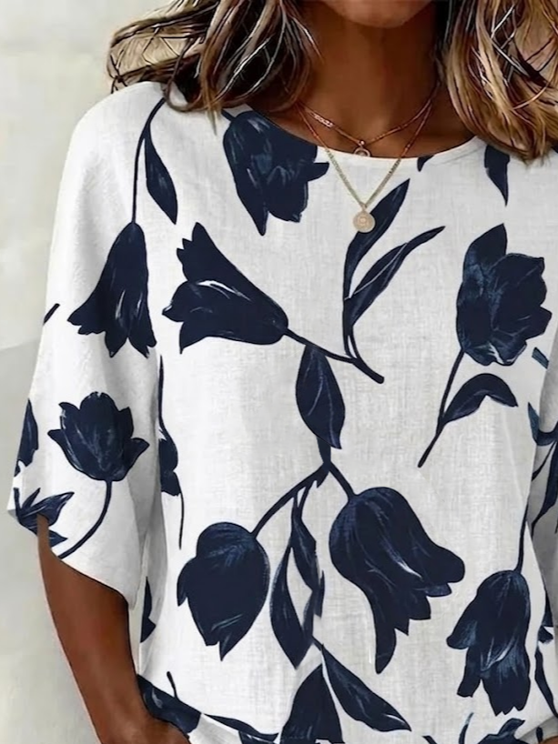 Women's Half Sleeve Blouse Summer White Floral Printing Crew Neck Daily Going Out Vintage Top
