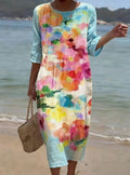 Others Linen Blend Vintage Gradient Pattern Dress With No