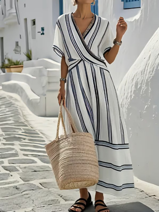 Abstract Stripe Cross V-neck Design Short Sleeve Summer Going Out Boho Maxi Dress