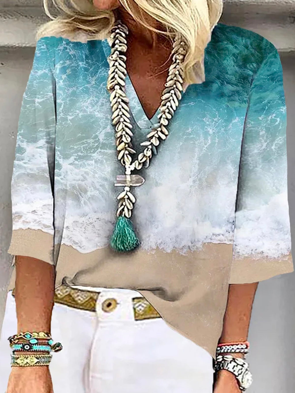 Plus Size Loose V neck 3/4 Sleeve Vacation Shirt