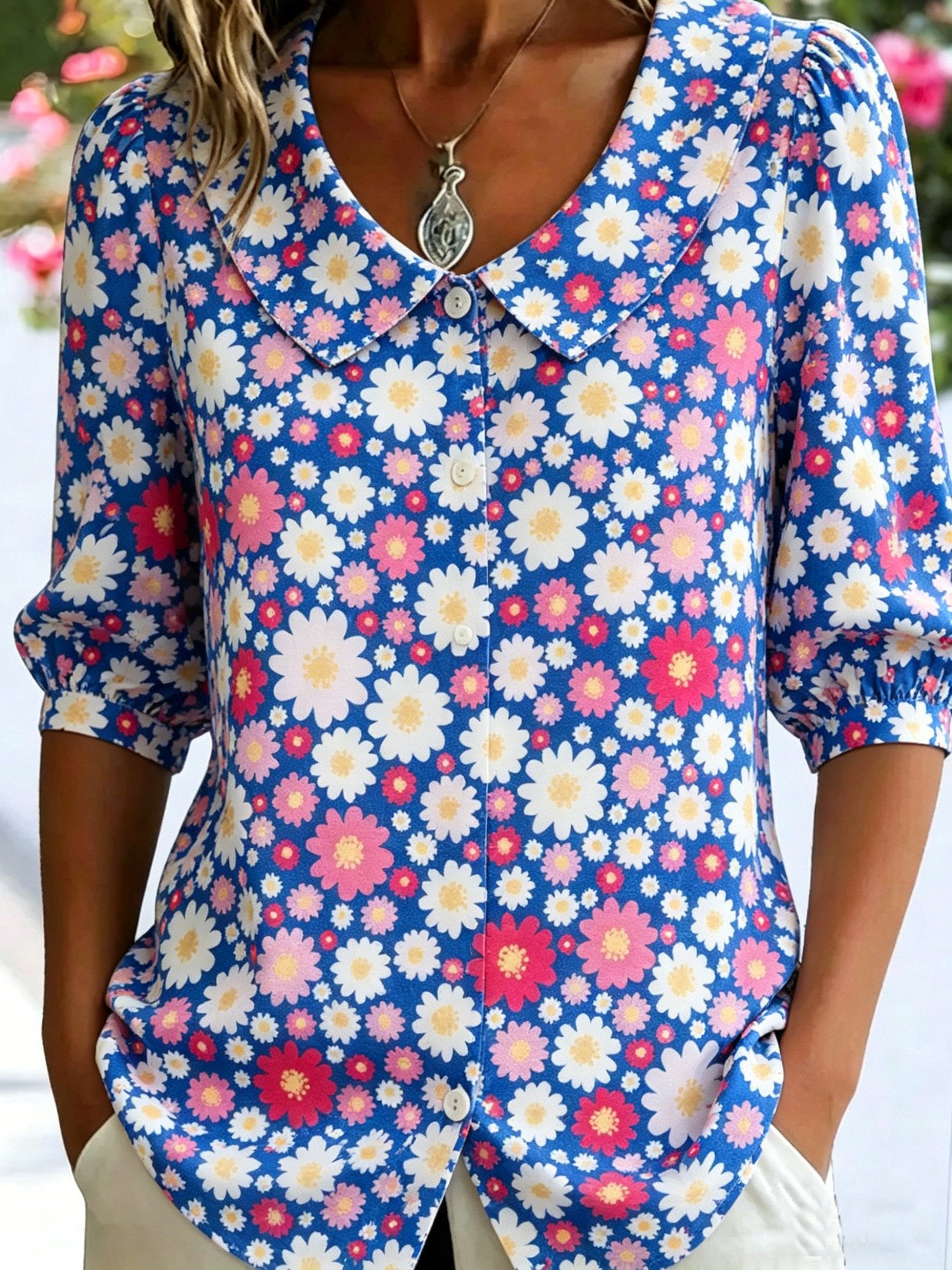 3D Printing Linen Blend Floral Shawl Collar Button Loose Casual Shirt