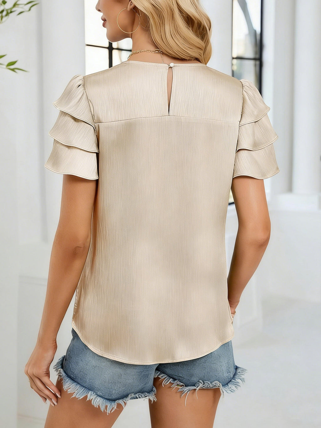 Satin Plain Smock Crew Neck Short Sleeve Casual Blouse