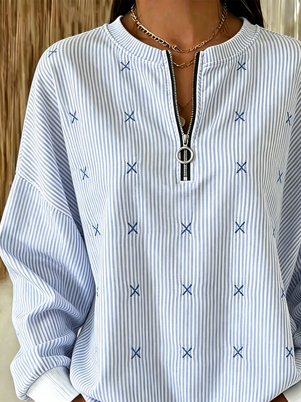 Crew Neck Loose Striped Simple Sweatshirt
